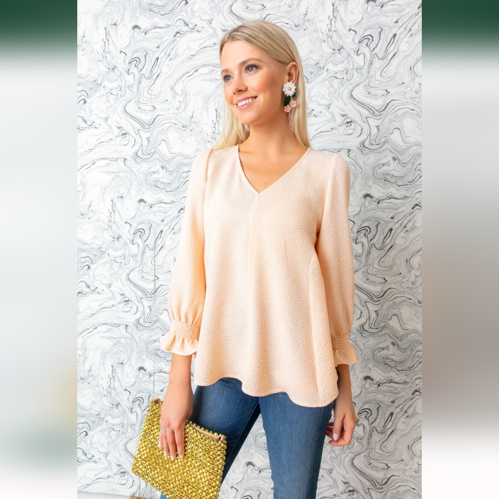 Tuckernuck Peach Textured V-Neck Ruffle Cuff Blouse